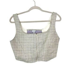 WAYF Tweed Crop Top Medium Green Purple White Smocked Blouse Zip Up Womens